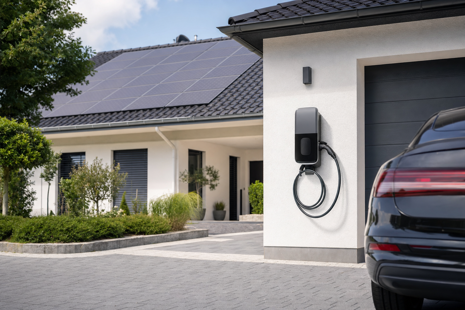 Deutsches Wohnhaus mit Photovoltaik und Wallbox an der Garage