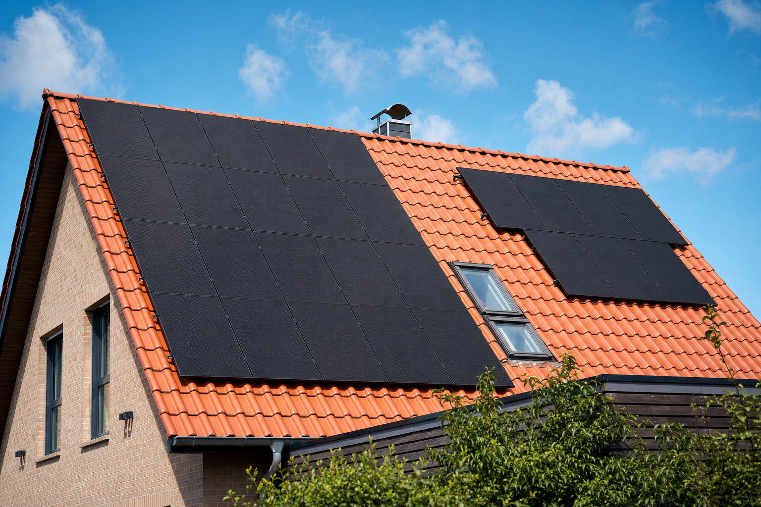 Photovoltaikmodule auf einem roten deutschen Ziegeldach